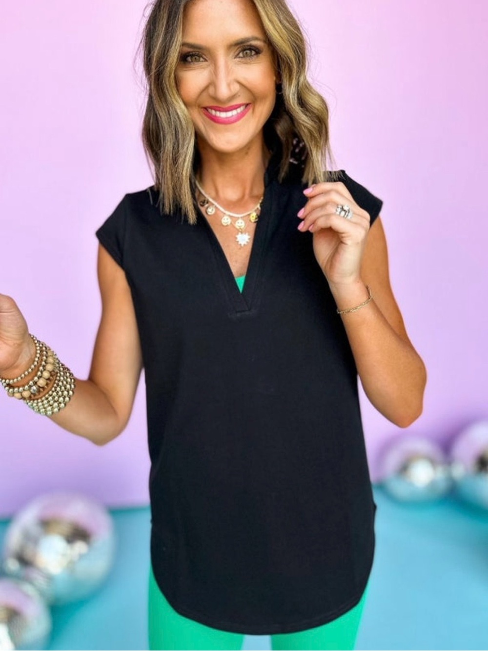 SSYS Black Frill Neck Cap Sleeve V Neck Tunic